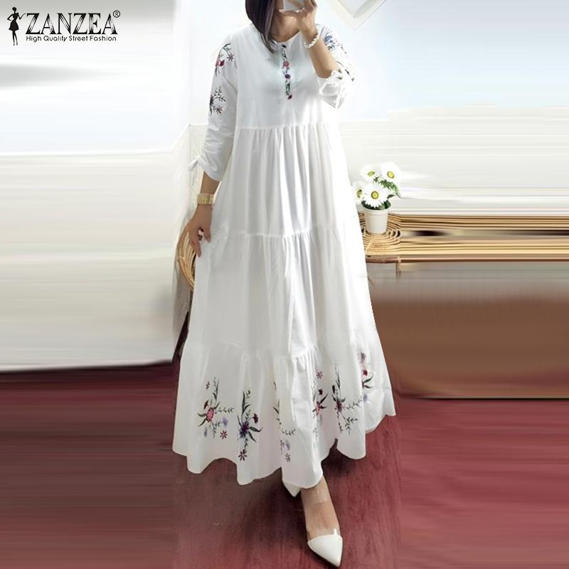 ZANZEA Vestido largo suelto con manga 3/4 y cuello redondo floral informal para mujer
