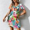 Mode d'été pour femmes Robe à col en V à manches courtes avec imprimé géométrique rétro Jupe courte sexy Robes