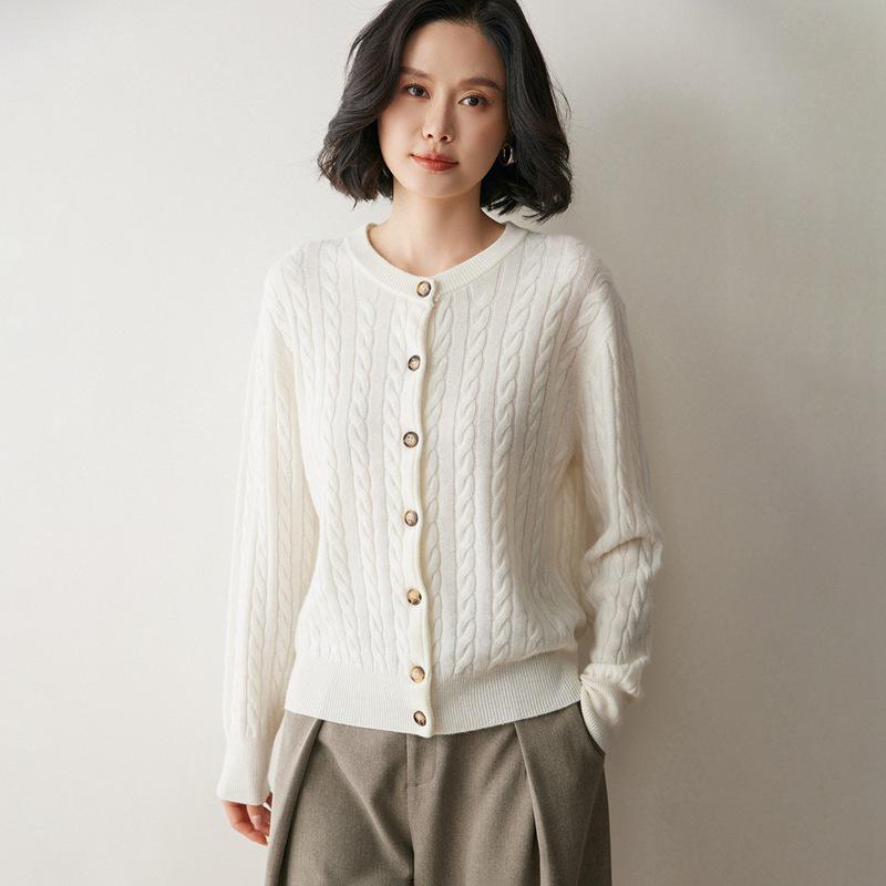Women's Cashmere Cable-Knit Cardigan Sweater - Round Neck, Single-Breasted, Multi-Button, Loose Fit, Solid Color, Versatile Fall/Winter Style