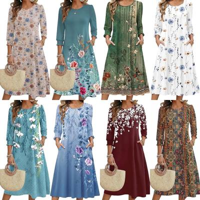 Summer 2026 Women's Floral Midi Dress with Three-Quarter Sleeves and Pockets