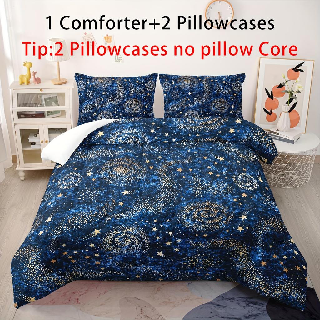 Starry Sky Comforter Set - Soft Blue Interstellar Printed Quilted Bedding with 1 Comforter and 2 Pillow Cases, Golden Stars Patt