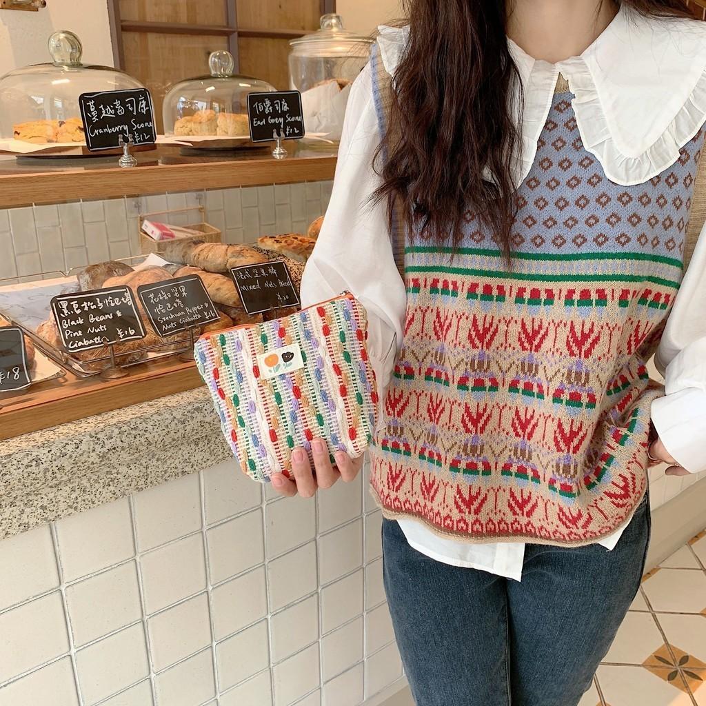 Colorful Rainbow Mini Canvas Cosmetic Bag Small Bag Coin Purse Student Pencil Case Wrist Bag