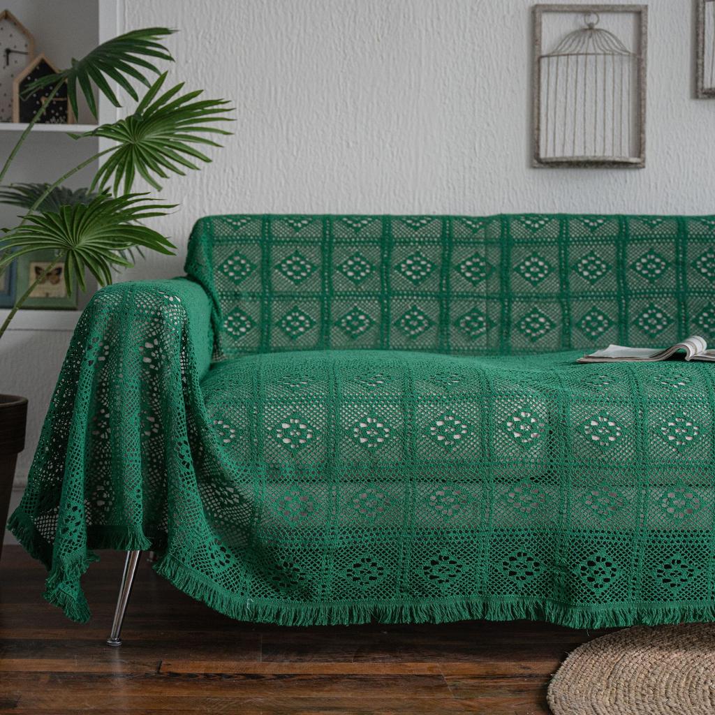Sofa Towel Multifunctional Cover Retro Cotton Thread Hollowed Out Retro Green