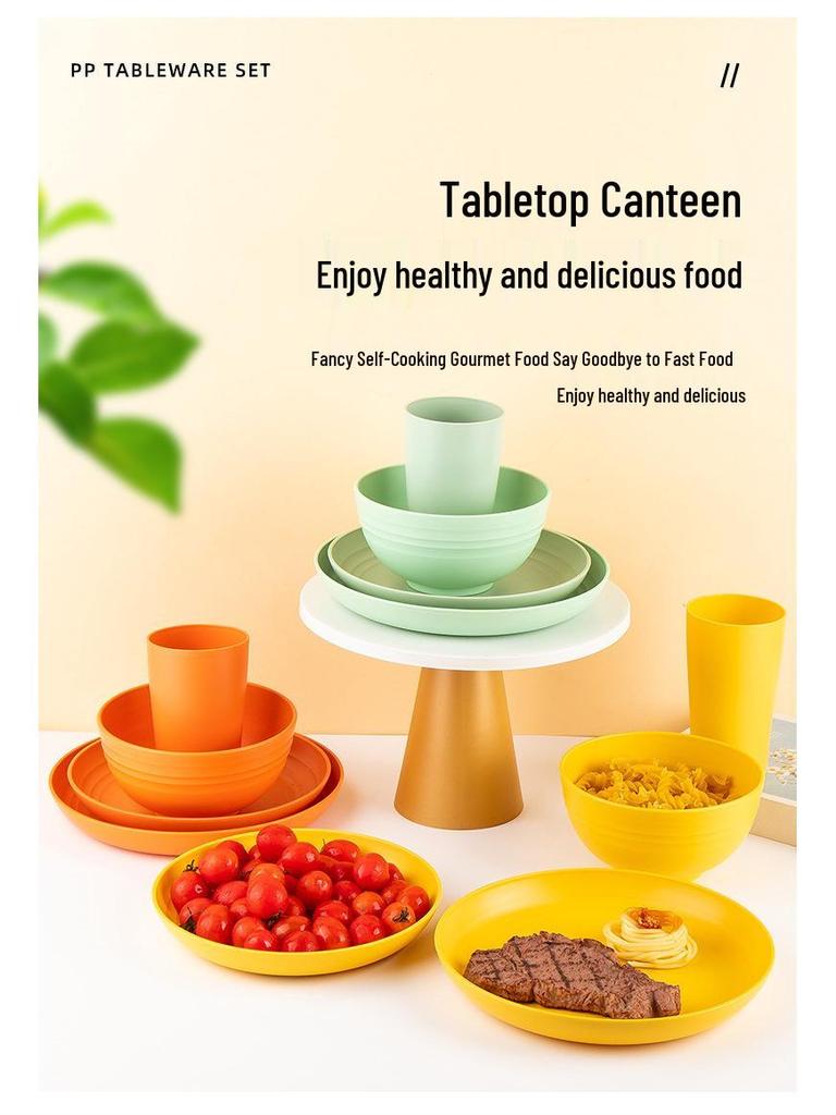 Cross-border Plastic Tableware Set: Plates, Bowls, Cups, Vomit Bowls, 24-Piece for Home Use.