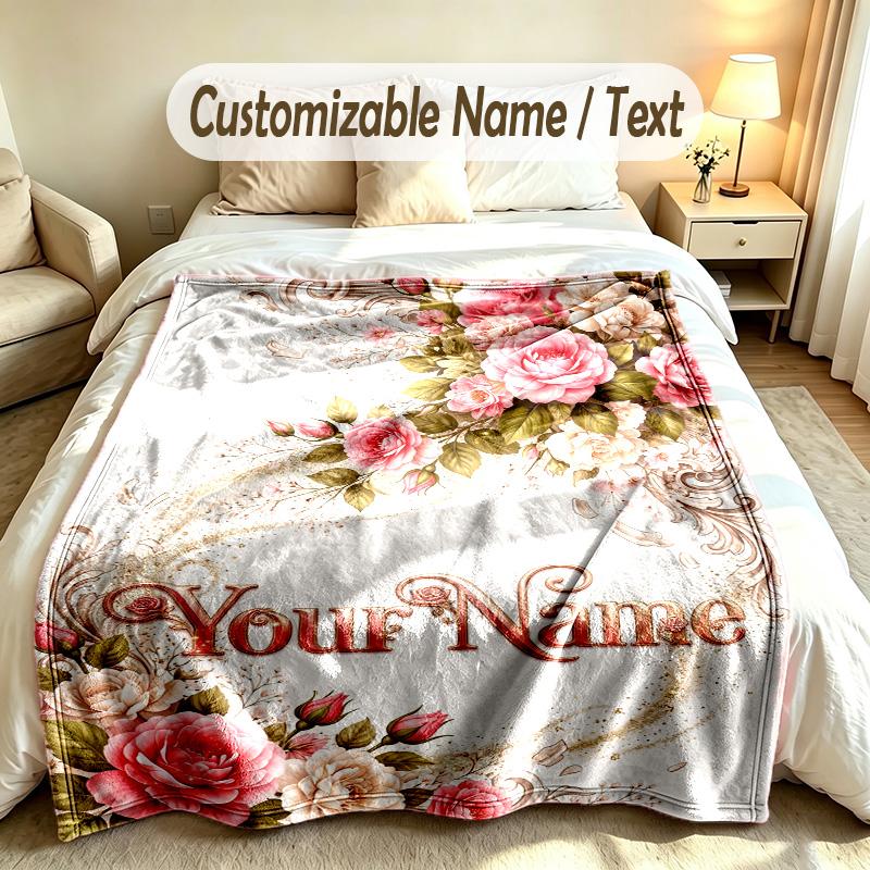 Floral Garden Theme Soft Blanket Personalized Custom Name Text Print Warm Blanket Home Sofa Bedroom Decor