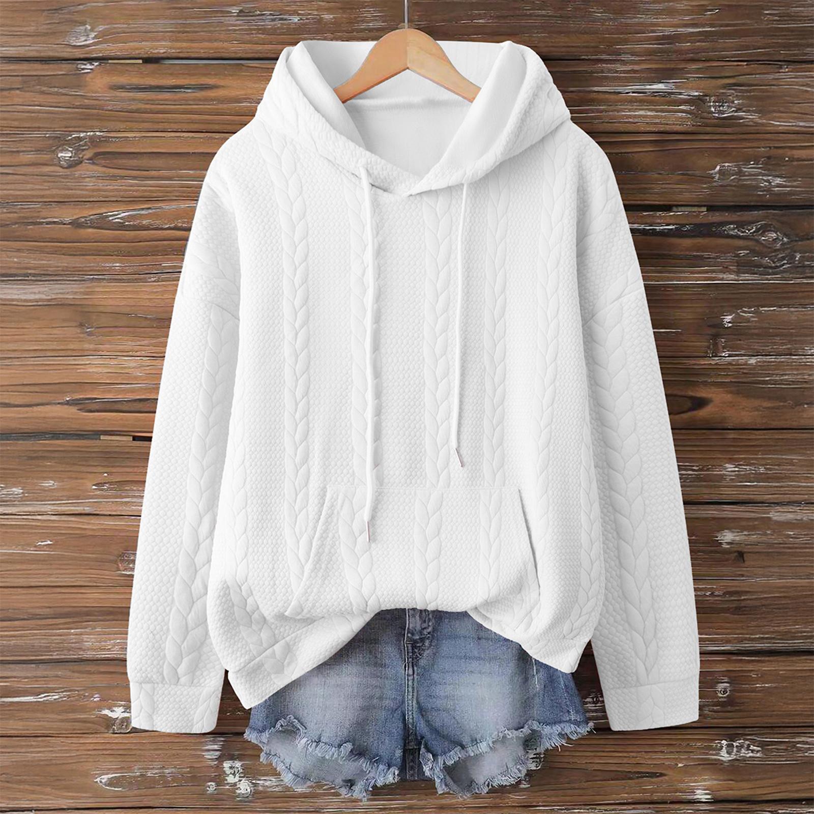 

Women s Fashionable Solid Color Hooded Long Sleeved Sports Casual Pullover Sweatshirt Top S білий