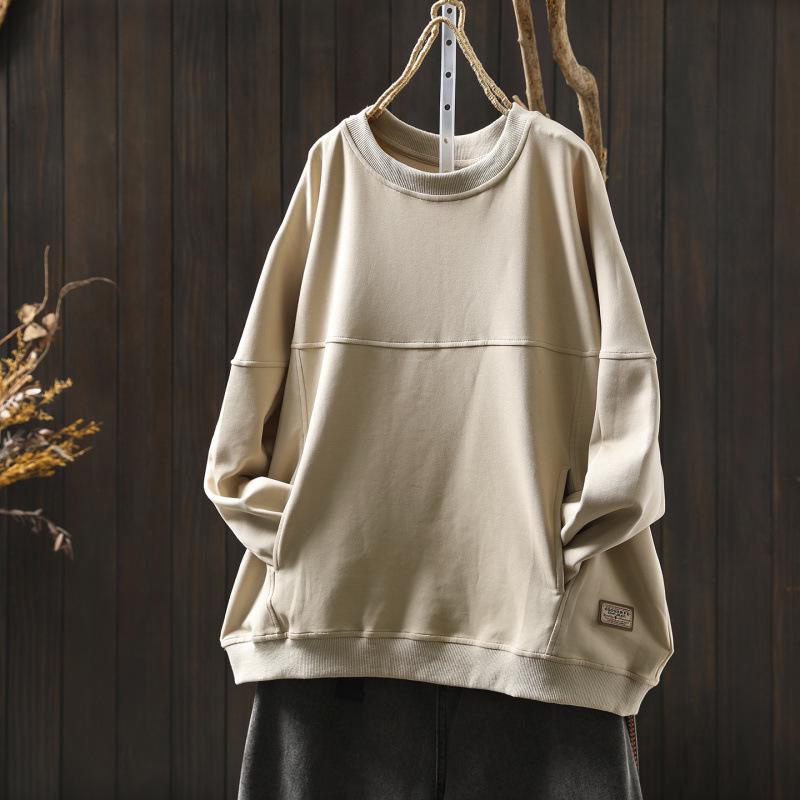 Women's Chic Loose-Fit Retro Sweatshirt with Round Neck, Appliqué & Contrast Stitching - Long Sleeve Casual Top