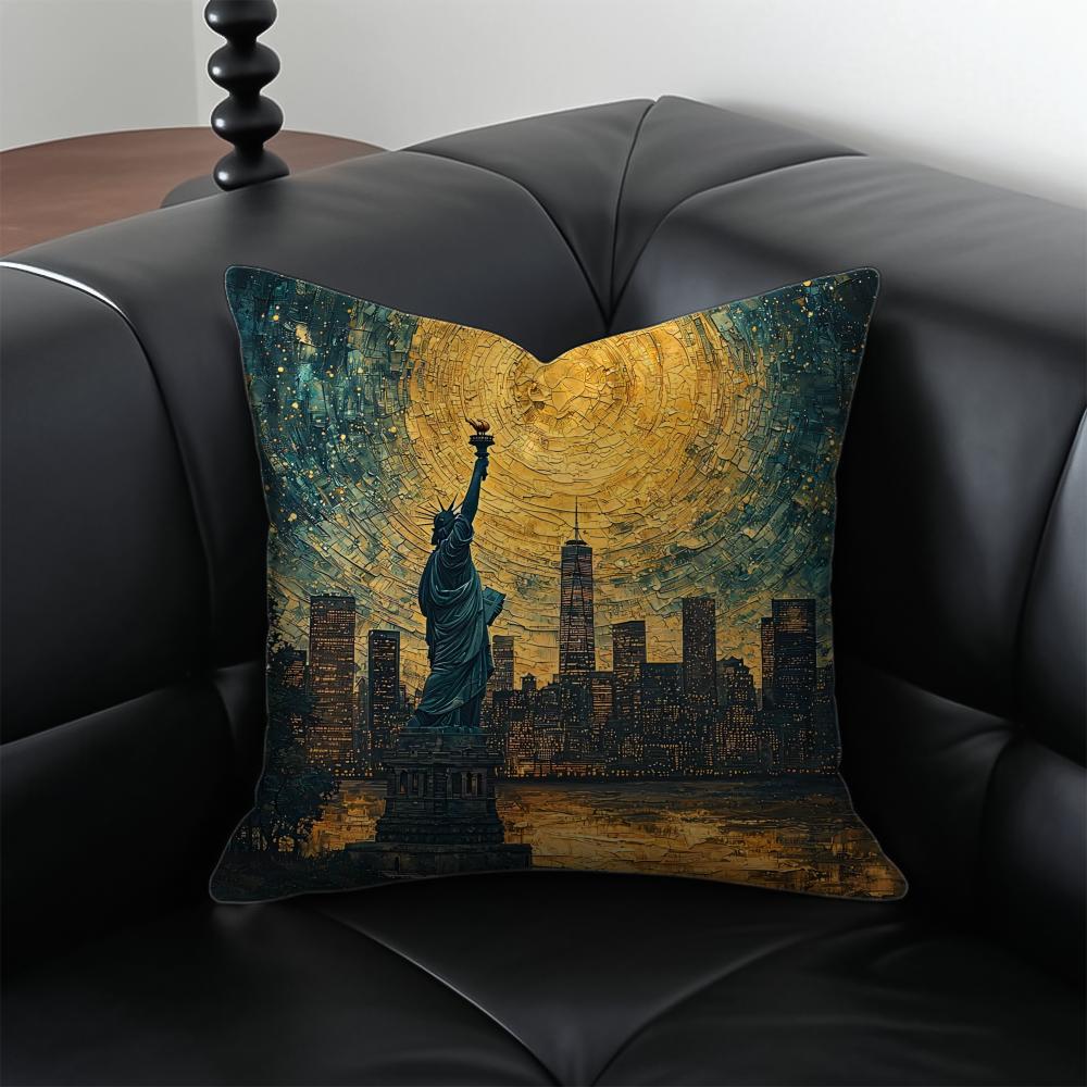 Oil Painting Statue Of The Statue Of Liberty Cushion Cover Pillow Case Anti-Dustmite Invisible Zipper Silky Plush Cushion