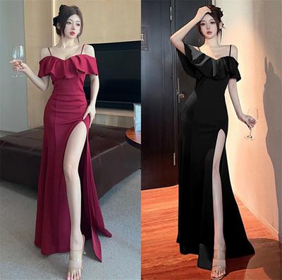High-end Niche Light Luxury One-word Collar Dress/evening Dress New Sexy Slim and Thin Solid Color Split Skirt Design