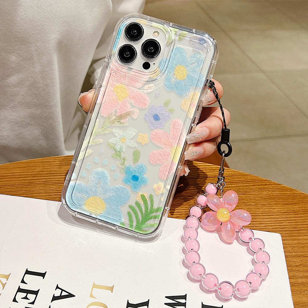 Luxury Flower Case for iPhone 11 Fundas iPhone 13 14 15 12 Pro Max XR 7 8 Plus X Xs 6 SE  Wrist Strap Clear Soft TPU Covers