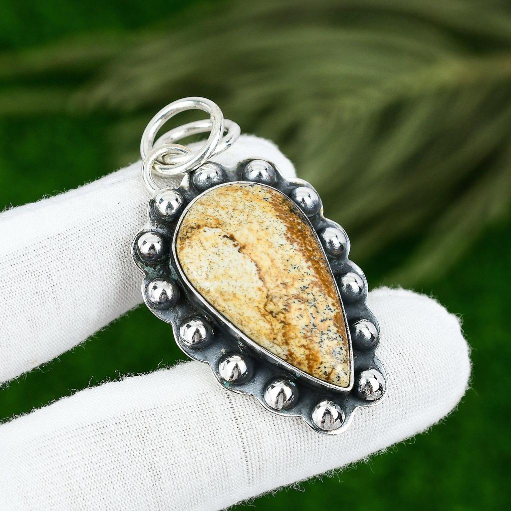 925 Silver Pear Picture Jasper Gemstone Sister Anniversary New Pendant Jewelry