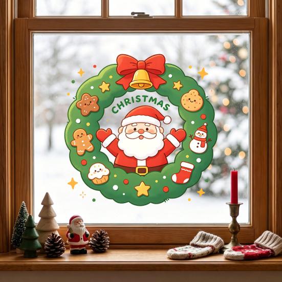 Winter Wreath Decorations Christmas Santa Claus Window Cling, Cartoon Static Sticker, PVC Party Decor Waterproof Glass Decal for Home Holiday