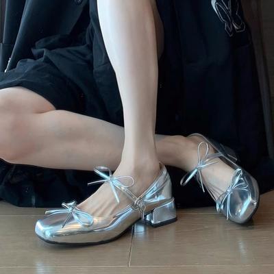Sweet Bowknot Silver Mary Jane Shoes Women Patent Leather Thick Heels Pumps Woman 2025 Spring Ankle Buckle High Heels Shoes