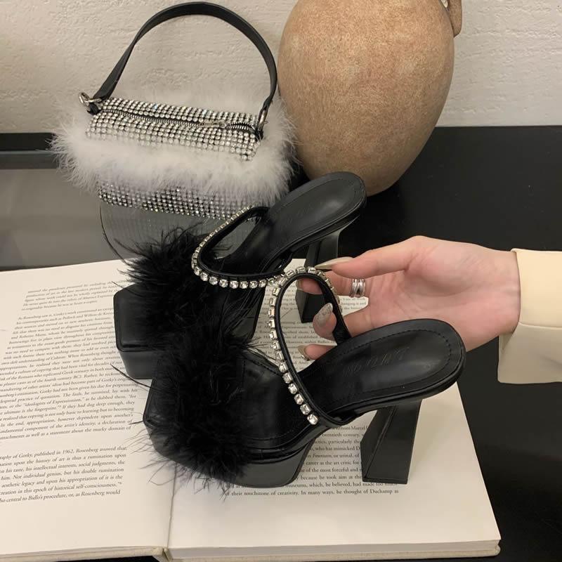 

Fur Super High Heels Women Sandals Crystal Platform Slippers Shoes Woman Summer 2025 Sexy Square Toe Party Chunky Shoes Mujer 39 чорний