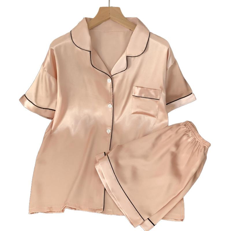 Summer Pink Sweet And Cute Wind Ice Silk Short-Sleeved Pajamas Women'S Loungewear Can Be Worn Outside