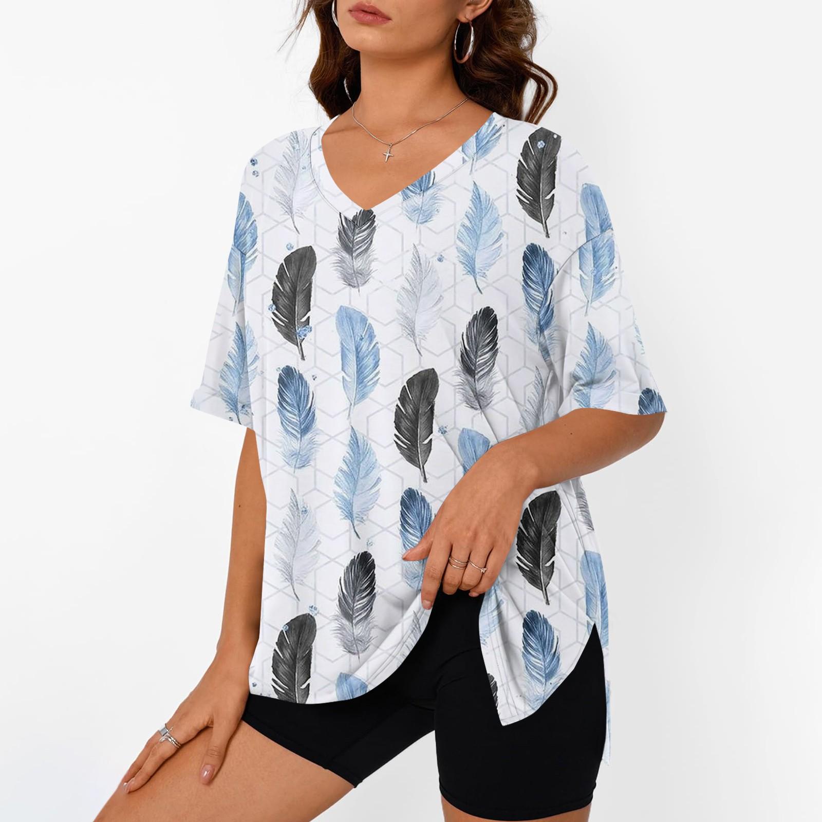 Women s Summer Casual Tops  Print Large Size T-shirts V-neck Short-sleeved Shirts Casual Loose Tops XL