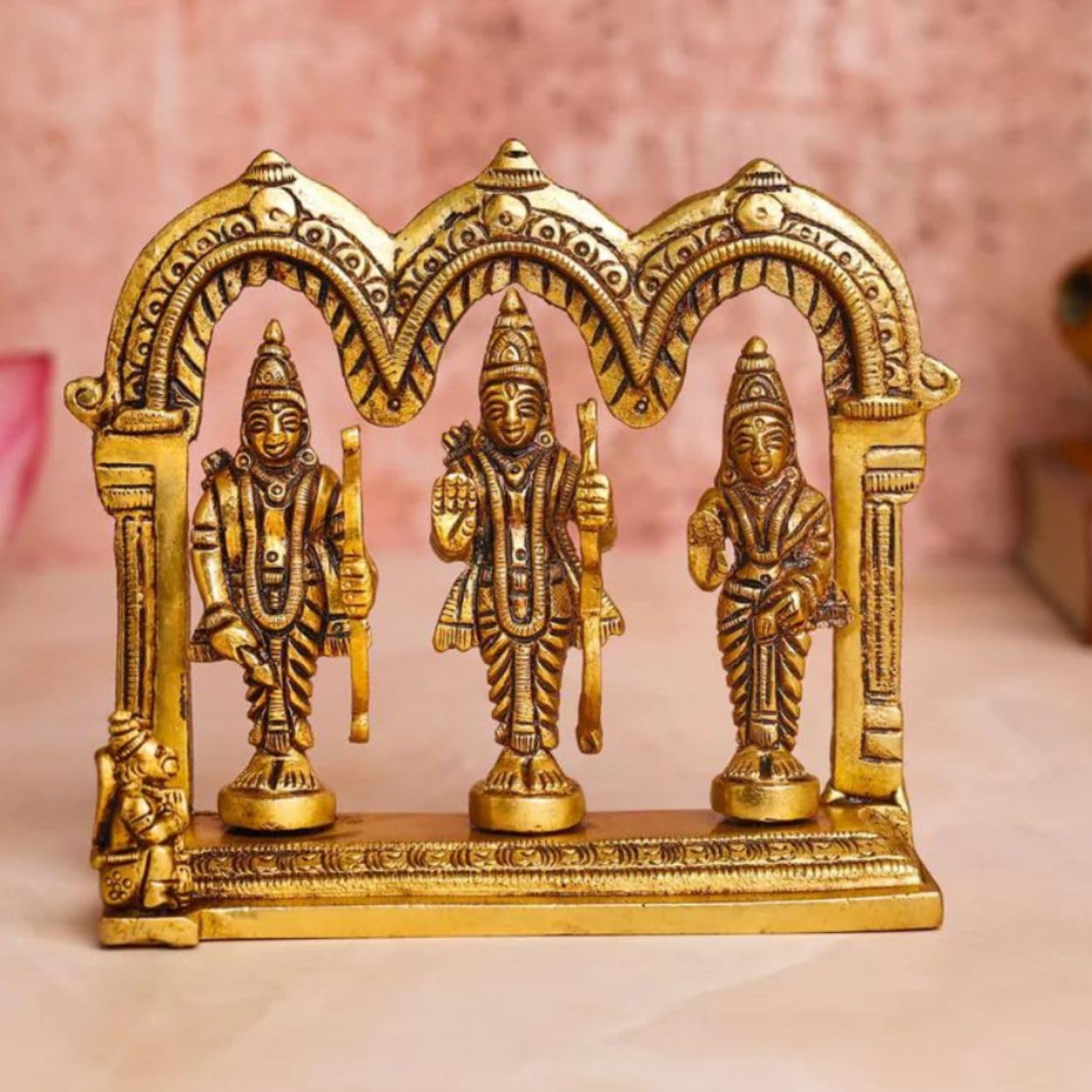 100% Pure Brass Ram Darbar Idol, Ram Sita Laxman Hanuman Statue, Gold - 5 Inch