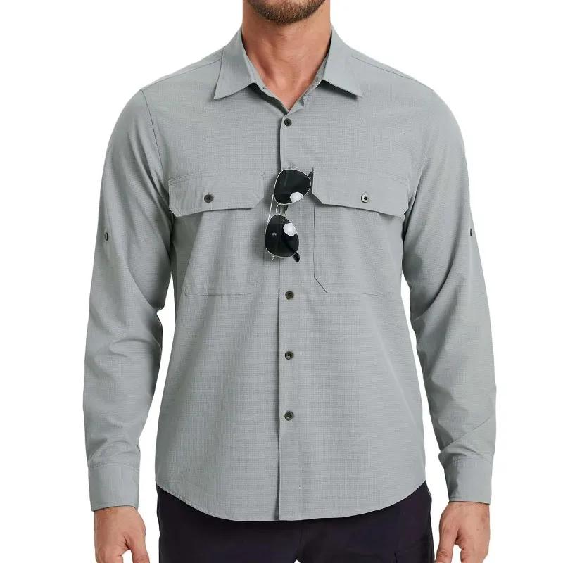 

Protection Men s Fishing Shirt Quick Dry Breathable Long Sleeve Button Up Hiking Shirt for Outdoor Workwear 2XL світло-сірого кольору