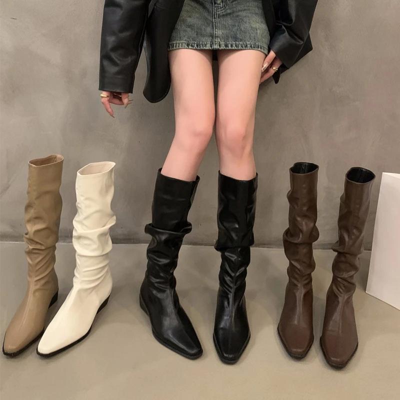 Fashion Spring and Autumn New Thick Heel Fold Pile Long Knight Boots Pointed Low Heels Casual Elegant Temperament Sleeve Slim Boots