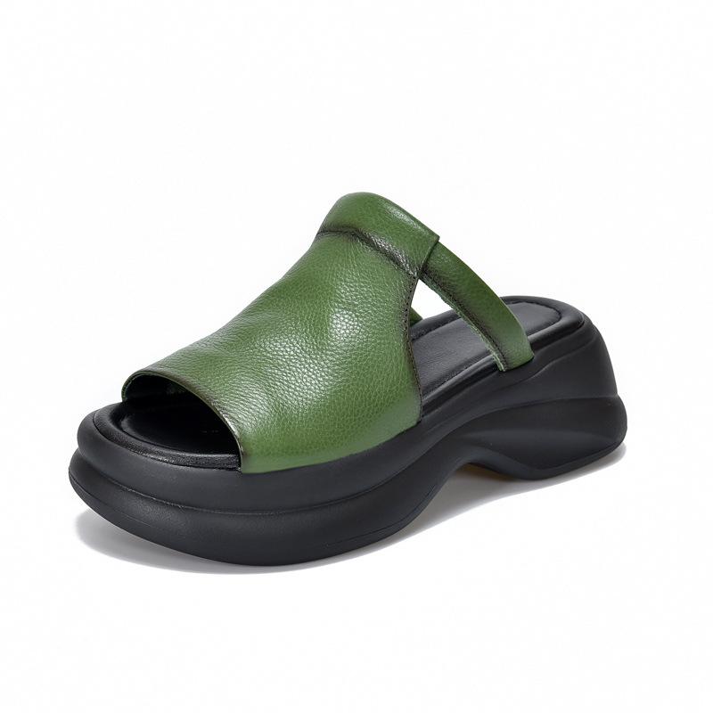 Johnature Lightweight And Thick Soled Genuine Leather Slippers Peep Toe Women's Platform Sandals