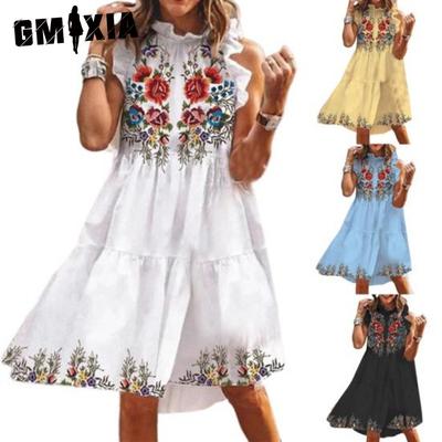 Damen Kleid mit Blumenmuster Locker Streetwear Knielang Ärmellos Rüschen Partykleid S-3XL