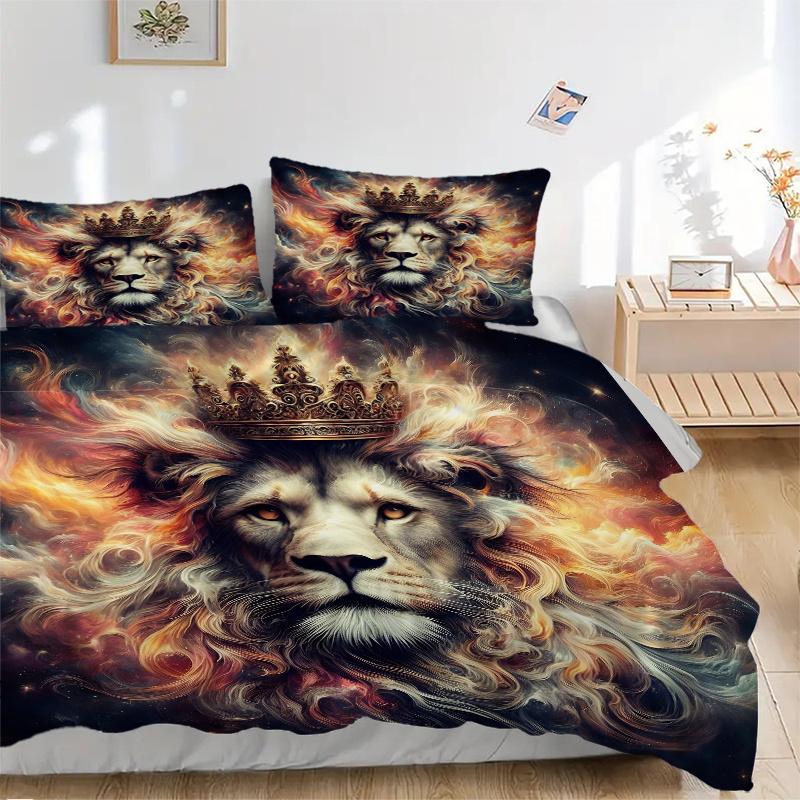 3pcs Lion's Crown Amidst Celestial Flames Bedding Set - Includes 1 Quilt Cover and 2 Pillowcases, Comfortable Bedding with Stylish Design for Bed