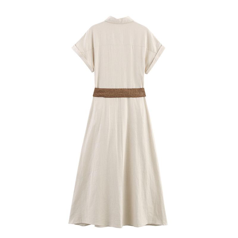 Women's Turn Down Collar Short Sleeve Midi Dress Loose Fit Mid Rise Linen Blend Shirt Dress With Matching Belt