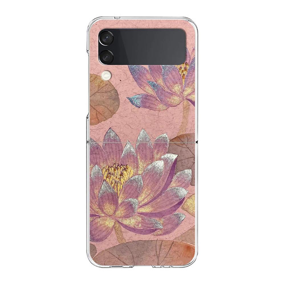 Transparent Phone Case For Samsung Galaxy Z Flip 3 4 5 6 7 Hard Folding PC Z Flip3 Flip4 Cover Flower Cute Fairy Fish Painting
