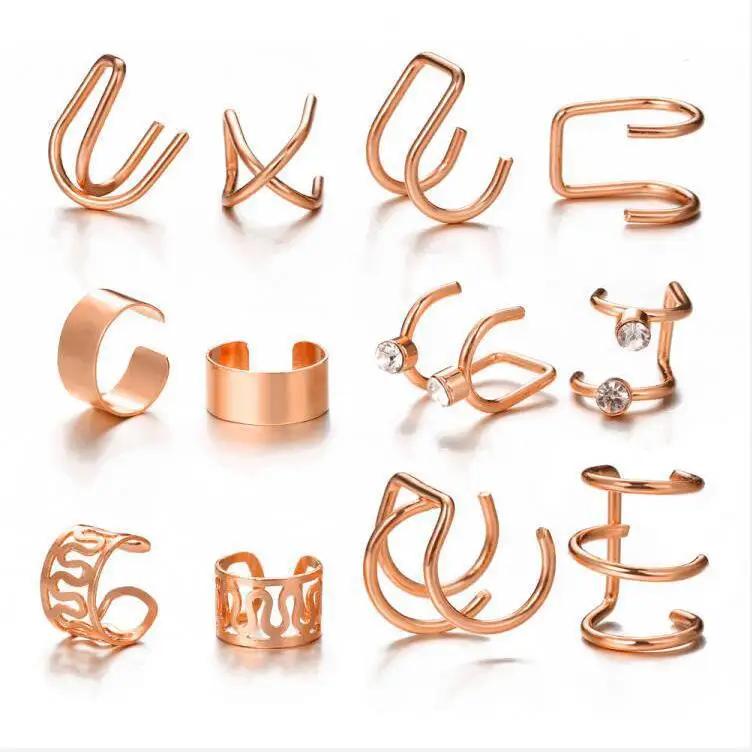 10 Pcs Leaves Clip Earrings for Women Rose Gold Color Creative Simple C Ear Cuff Non-Piercing Ear Clips Set Trend Jewelry Gift