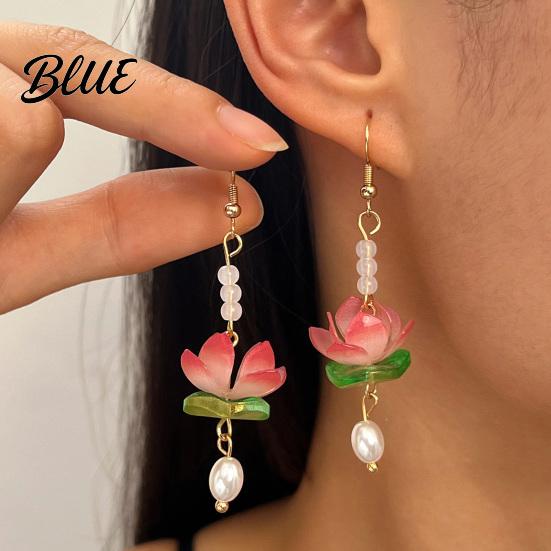 Lotus Flower Earrings 1 Pair for Women Vintage 3D Pink Dangle Pearl Drop Earring Faux Crystal Floral Jewelry Hanfu Cosplay Accessories Fashion Face