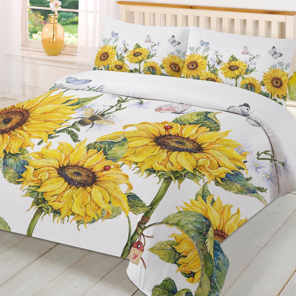 Sunflower Flower Butterfly Bee White Duvet Cover With Pillow Case Custom 3pcs Bedding Set Quilt Cover Double Bed Home Textile