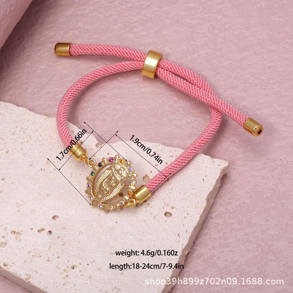 Micro-Paved Colored Zircon Madonna Bracelet with Gold-Plated Copper, Adjustable Cotton Cord.