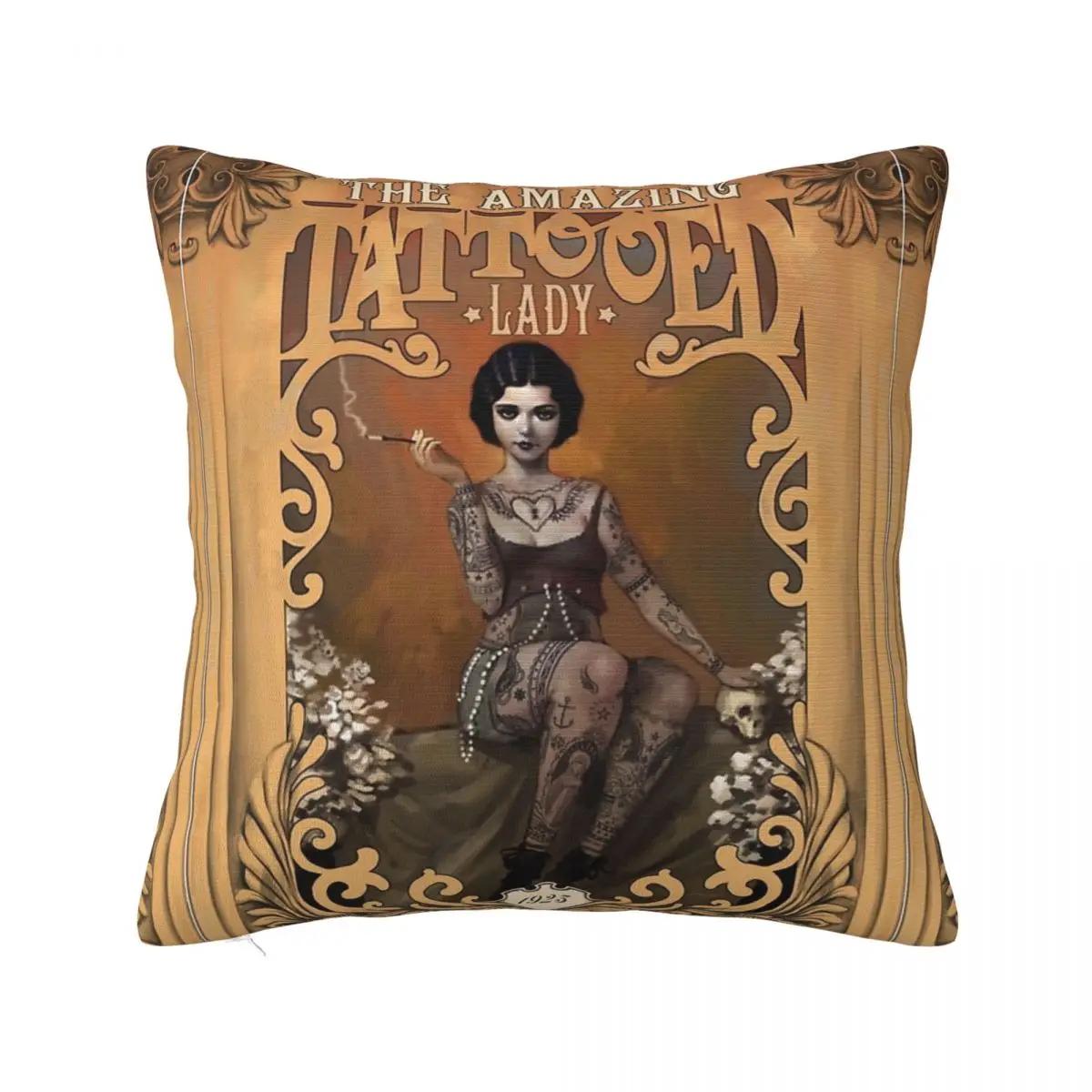 

The Amazing Tattooed Lady Vintage Circus Poster Square Pillowcases Home Cushion Case Creative Home Decoration Throw Pillow Case 12x12Inch