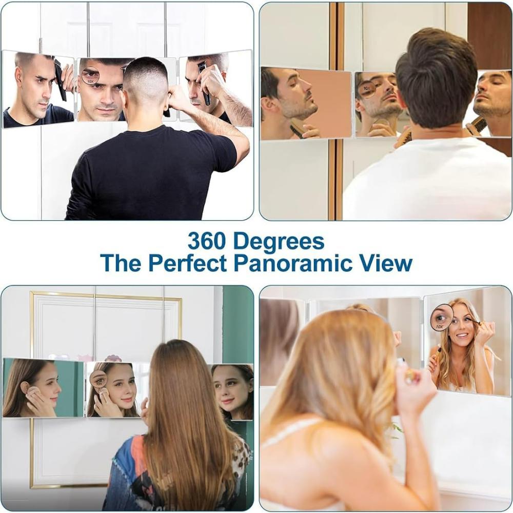 3Way Mirror 10X Magnification Mirror3 Way Mirror for Hair Cutting , 360 Trifold Mirror for Makeup To See Back of Head
