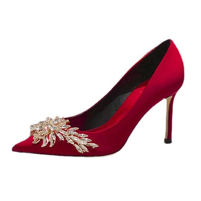 Maogu Satin Rhinestone Crystal Shallow Pumps Stiletto High Heel Luxury Women's Shoe 2024 Spring White Women Bridal Wedding Shoes