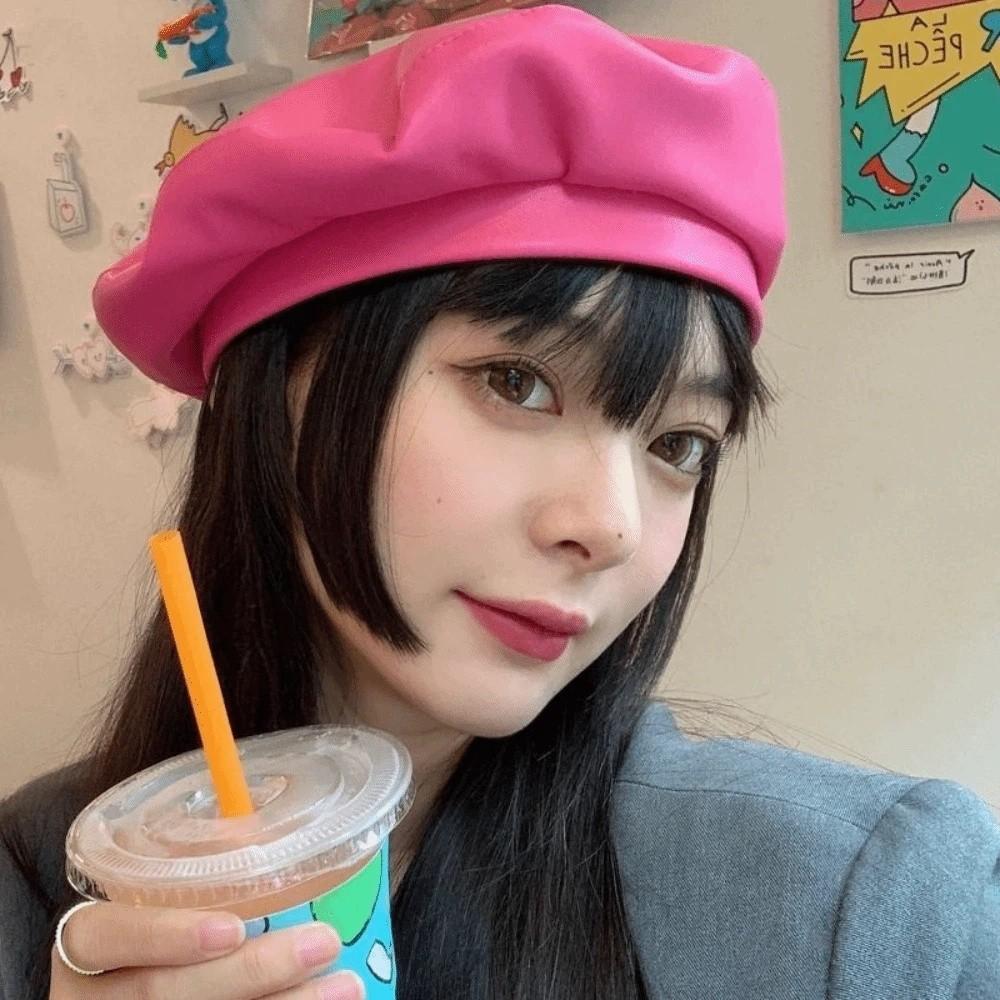 Casual Solid Color PU Beret Y2K Retro Painter Hat British Style Korean Artist Hat Outdoor