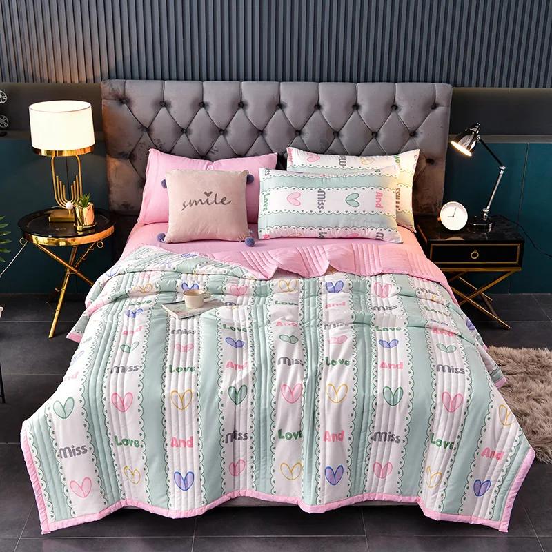 Summer Washed Cotton Quilt Air-Conditioning Comforter Soft Breathable Blanket Thin Leaf Print Bedspread Bed Cover Home Textiles