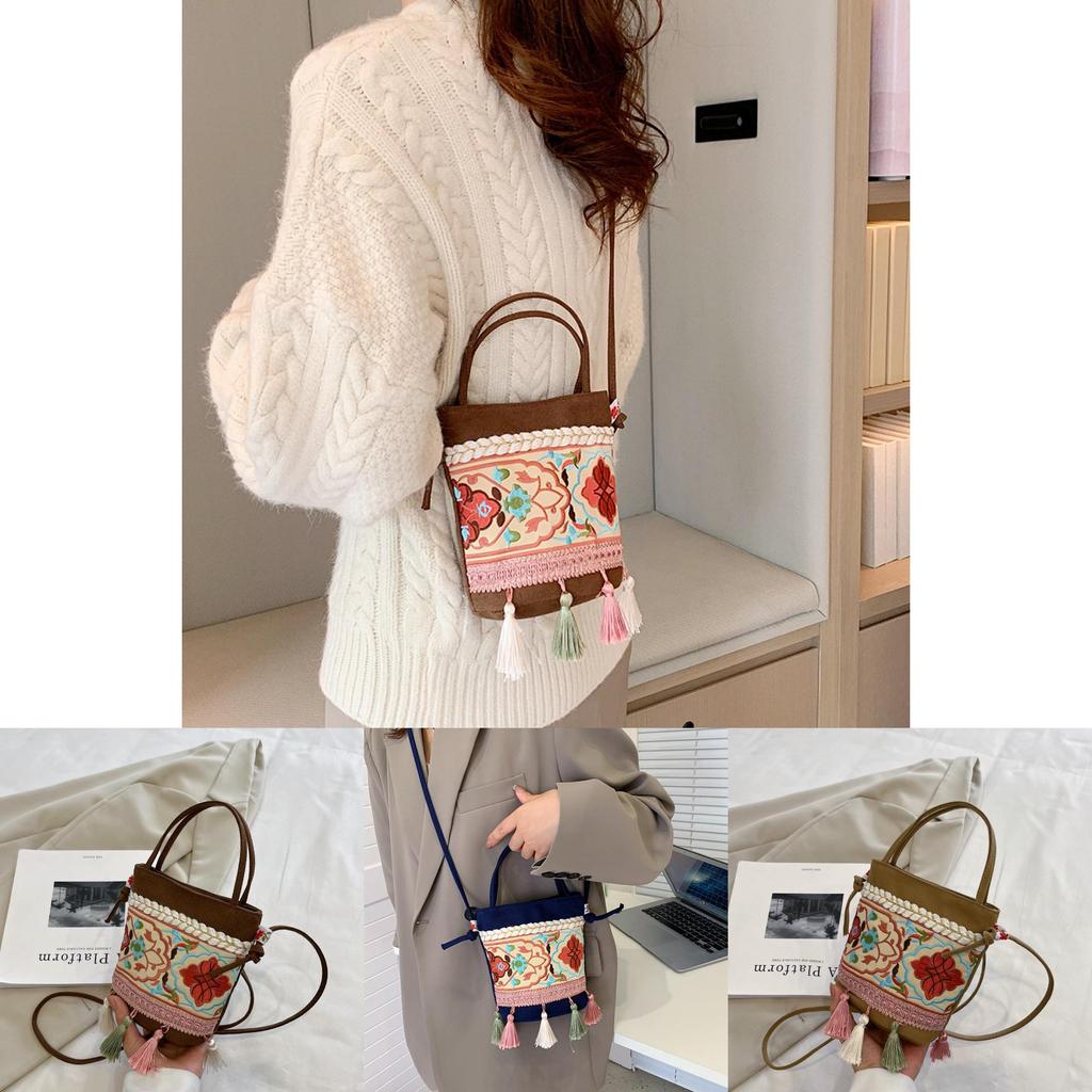 Vintage Water Bucket Bag With Tassel Embroidery For Daily Use In Art Style