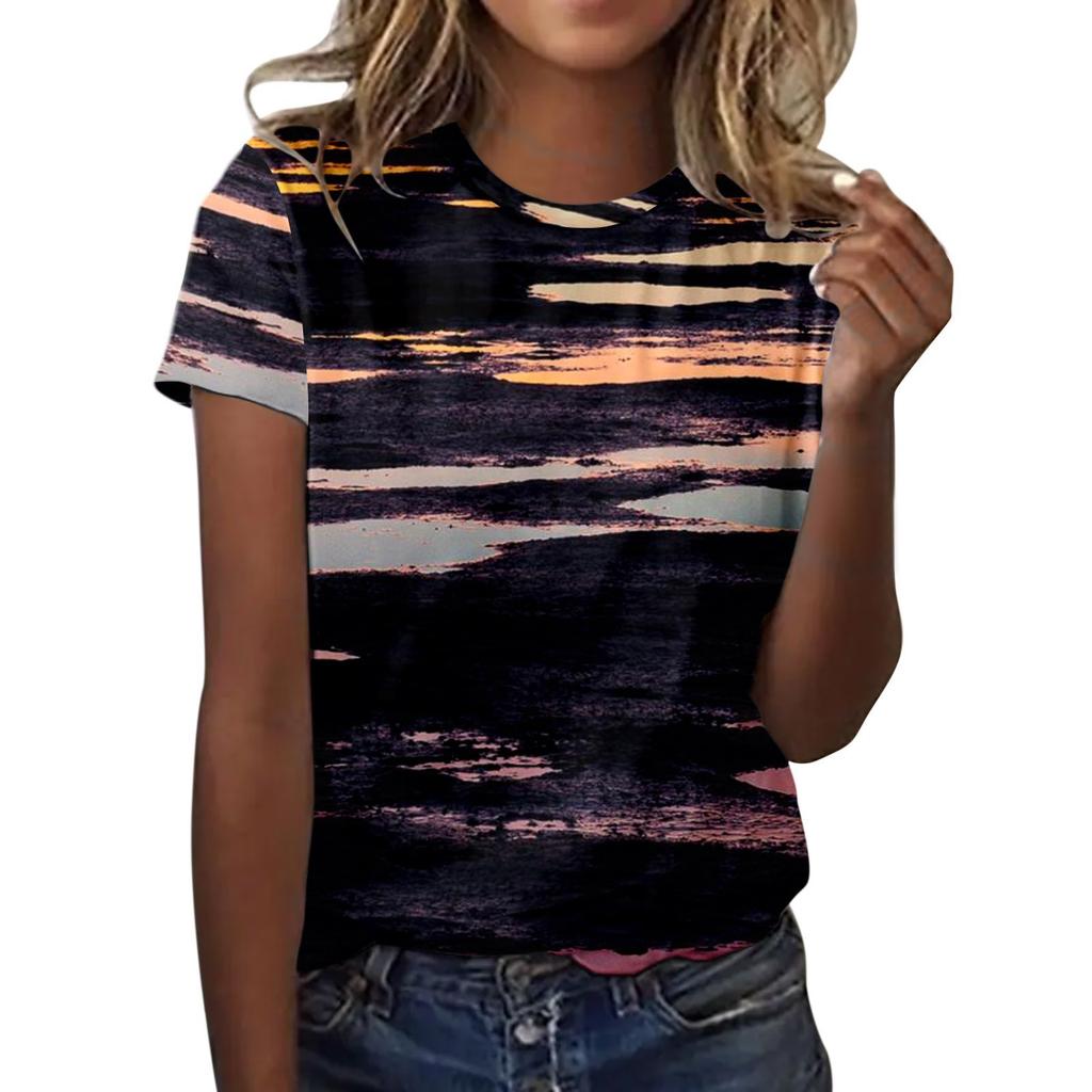 Summer Round Neck 3D Marble Pattern Print Top Fashionable Casual Short Sleeved Women's T-shirts