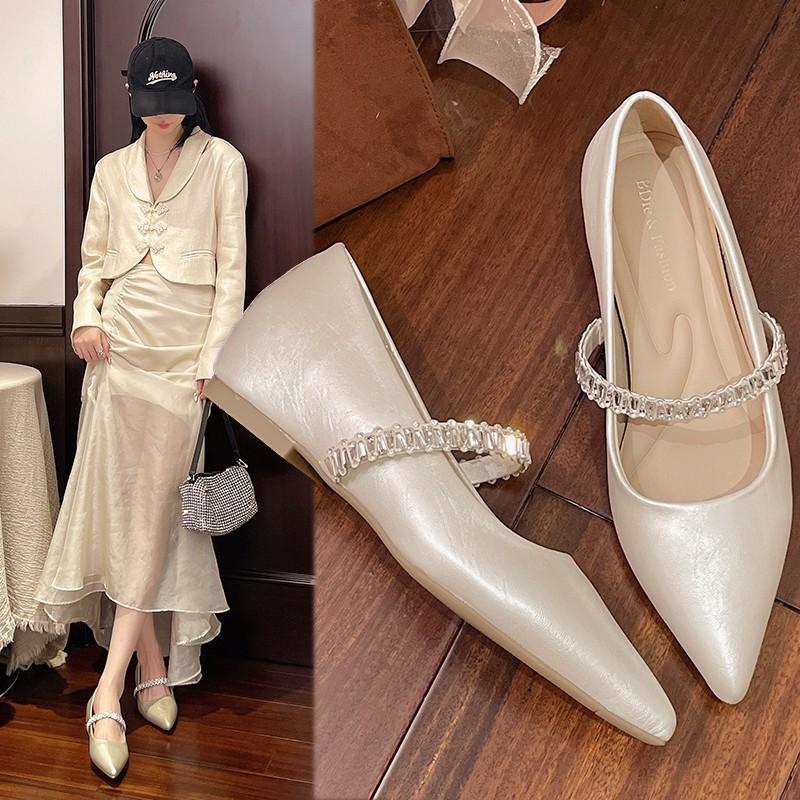 Fashion Pointed Toe French Rhinestone One Character Temperament Single Shallow Mouth Summer New Fashion Mary Jane Shoes