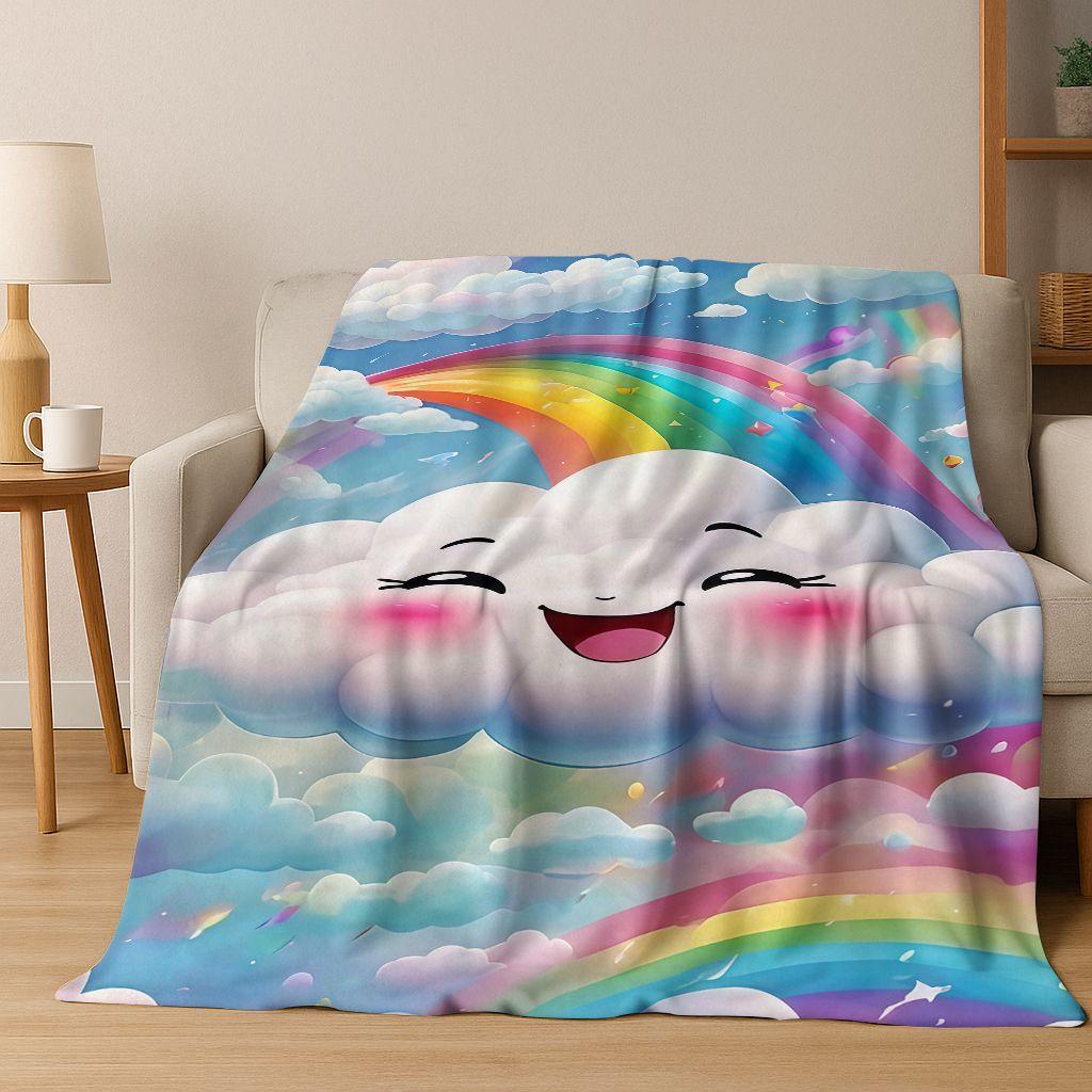 Colorful Rainbow Clouds Dream Sky Cartoon Flannel Blanket,Cozy Soft Throw Blanket for Home Bedroom Bed Sofa Picnic Cover Kids