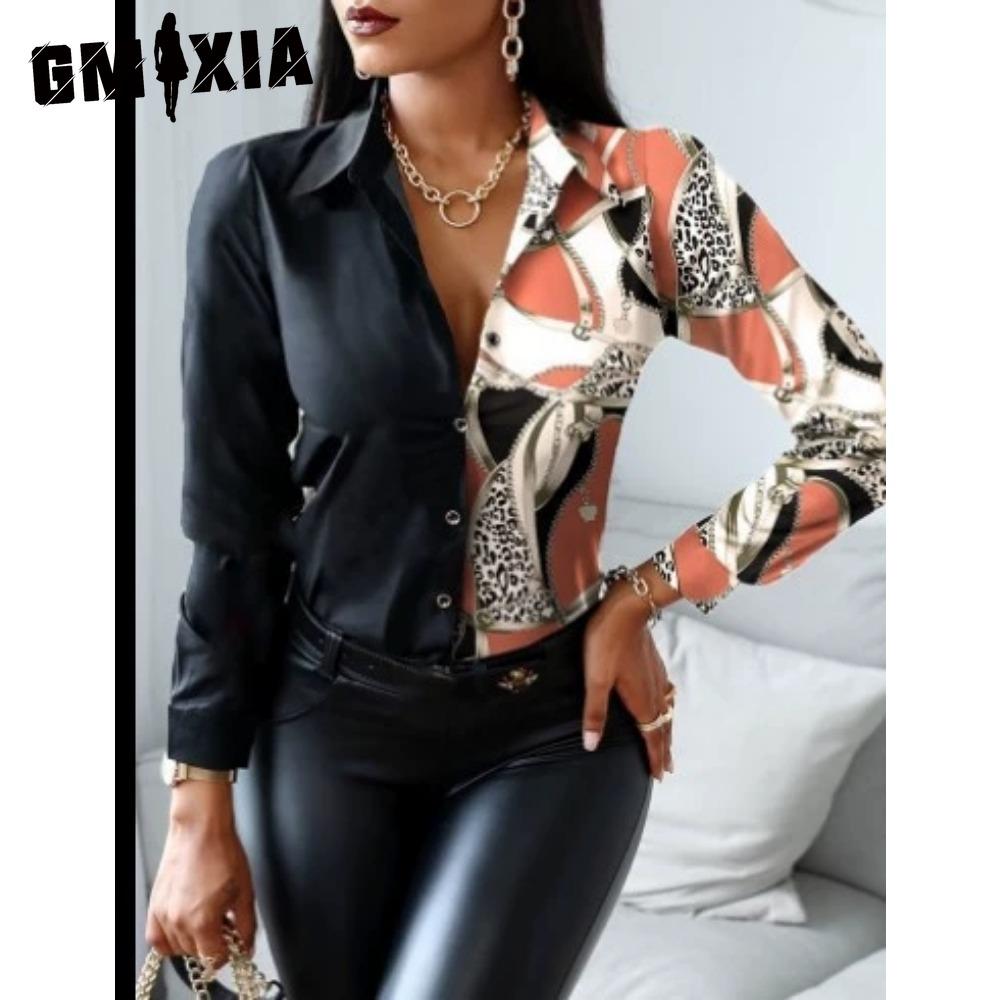 GMXIA Women's Fashion Casual Solid Color Print Long Sleeve POLO Neck Blouses & Shirts