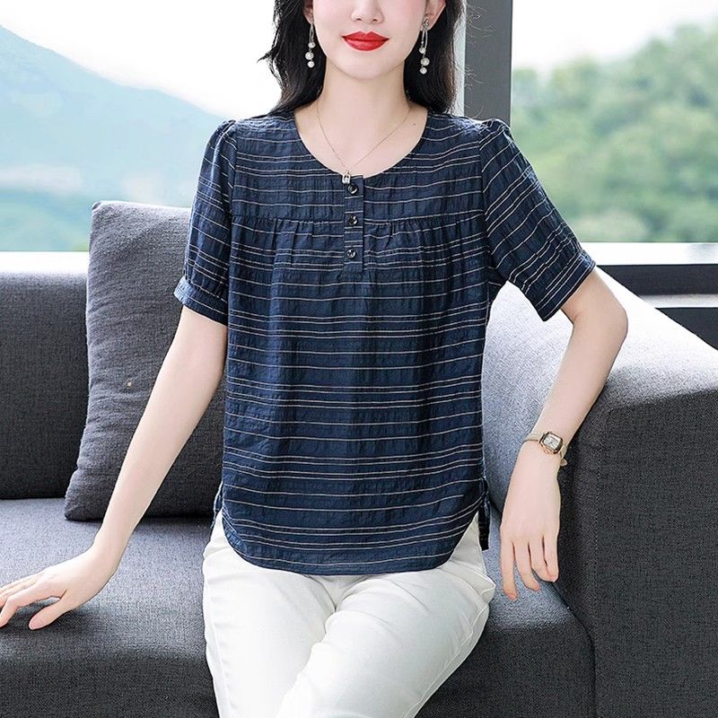Cotton and Linen Short-sleeved Shirt for Women In Summer New Style Young Mother Fashionable Age-reducing Shirt Slim Top