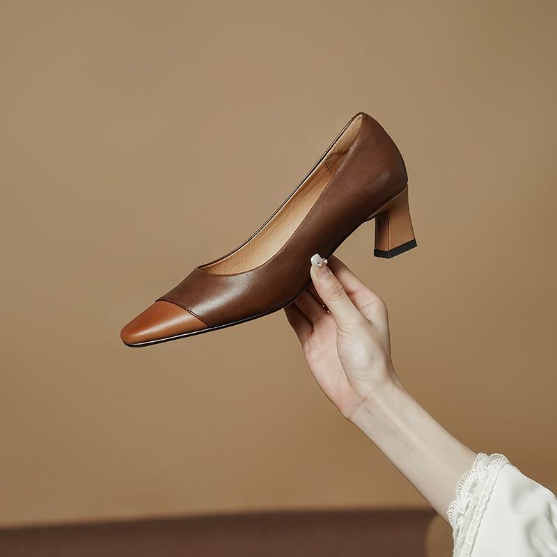 Mixed Color Office Lady Shoes Woman Pumps 2024 New Spring Summer Genuine Leather Square Toe Mature Concise Working Shoes Basic