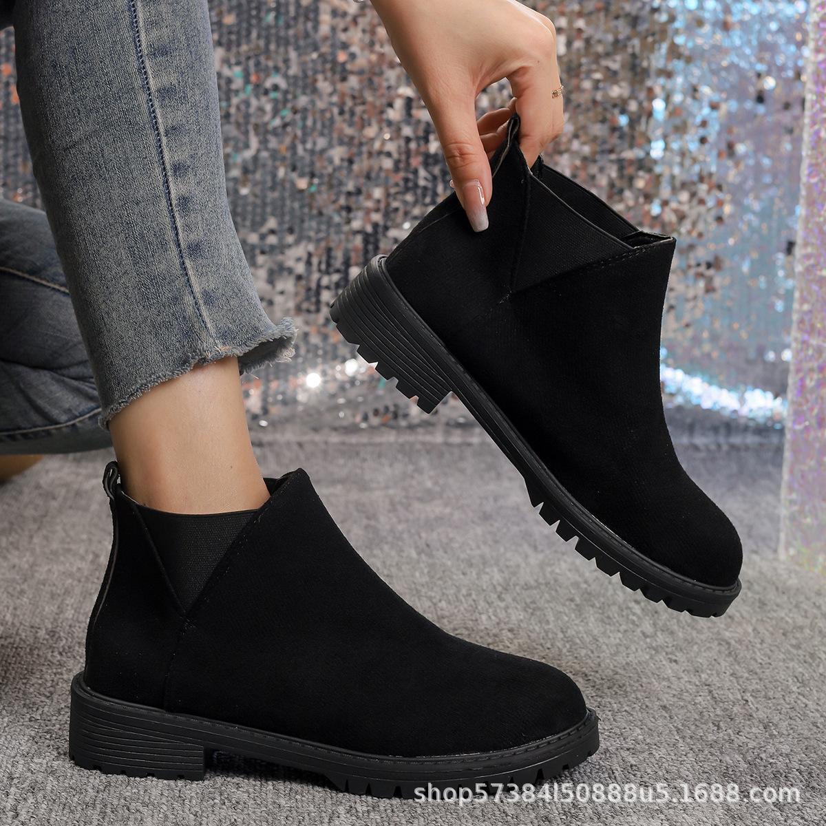 

European and American foreign trade large size 2025 new one-pedal short leather boots women s round head thick heel casual fashion boots 36 чёрный