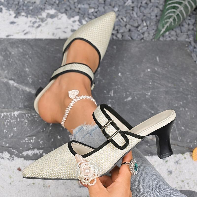 Fashion Summer New Color Block Toe High Heels Pointed Toe Shallow Mouth Metal Buckle Anti-slip and Wear-resistant Slippers