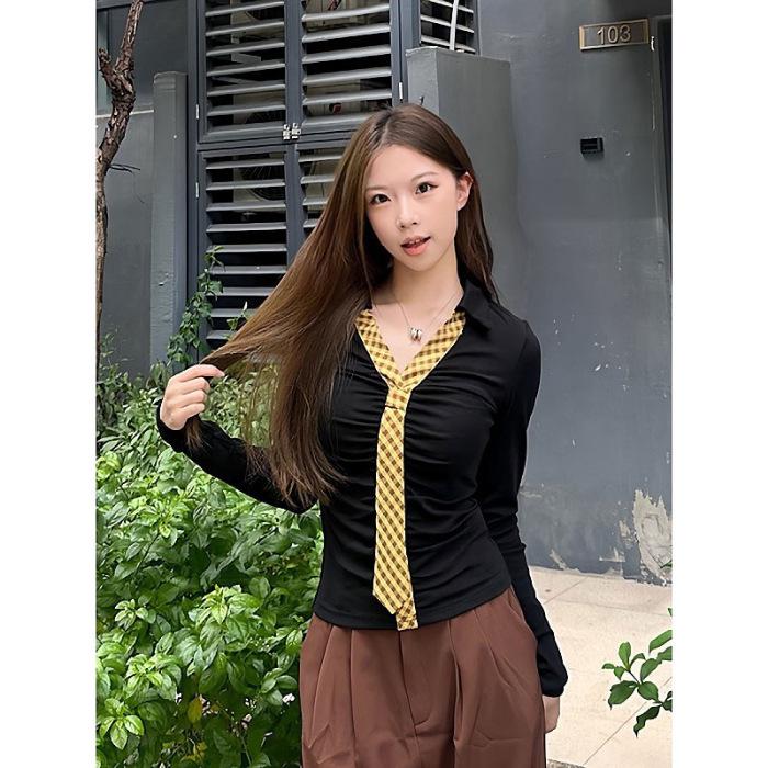 New Women s College Style Long Sleeve Color Block Lapel Top L чёрный