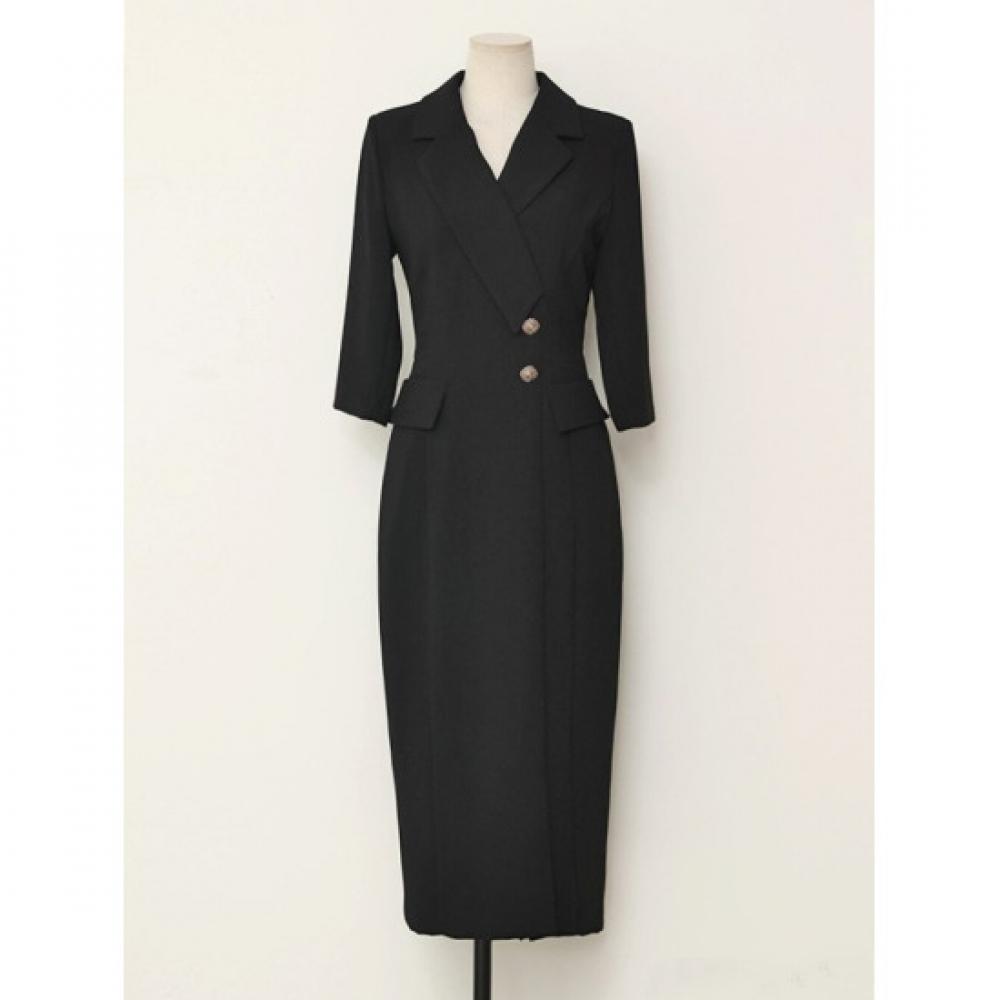 Style Latte Asymmetric Collar Slim Fit H Line Midi Dress
