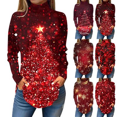Damen Modisches Lässiges Rollkragen Weihnachts-Print Langarm T-Shirt Pullover Top
