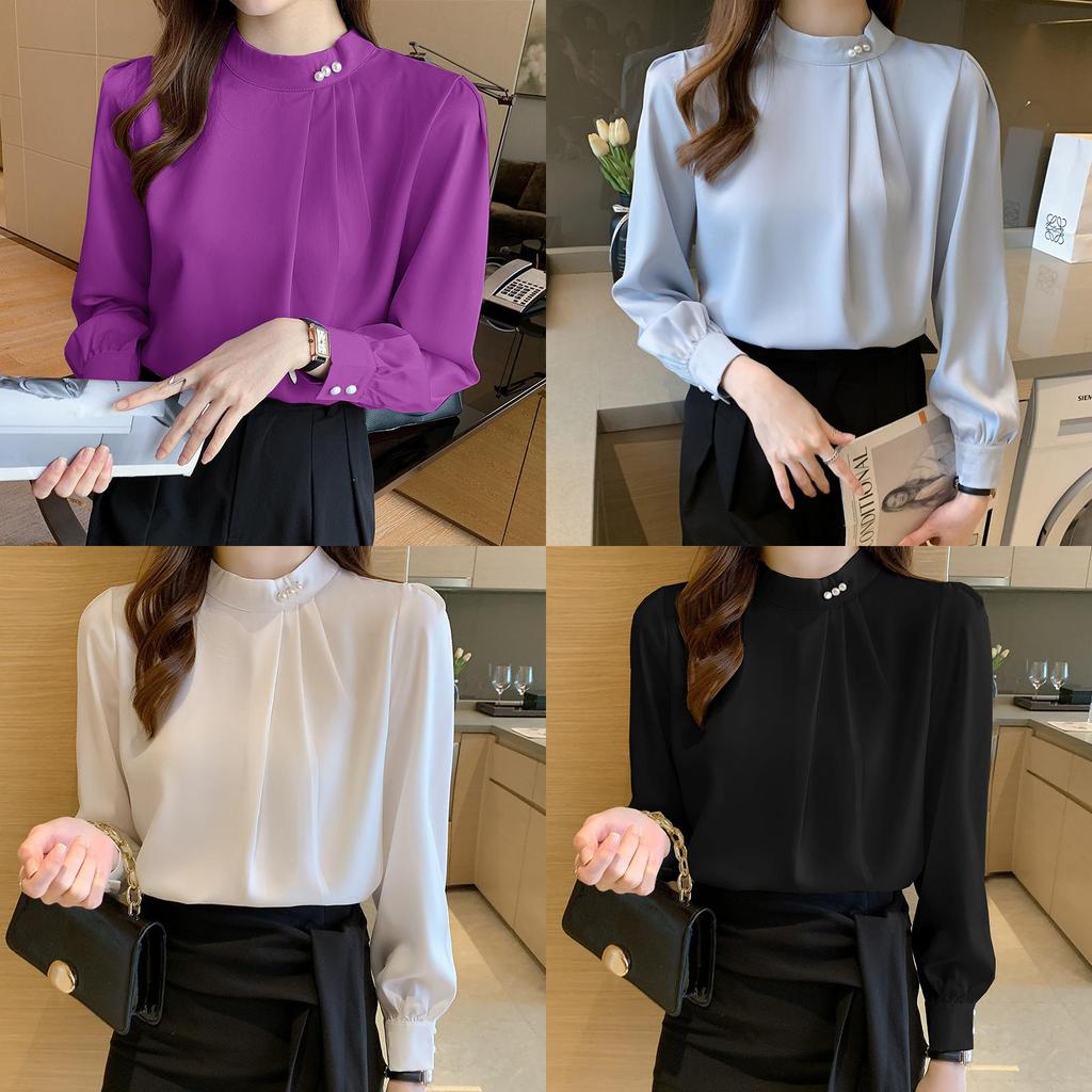 Satin Shirt Women Long Sleeve Pearl Embellished Elegant Office Wear For Spring 2026